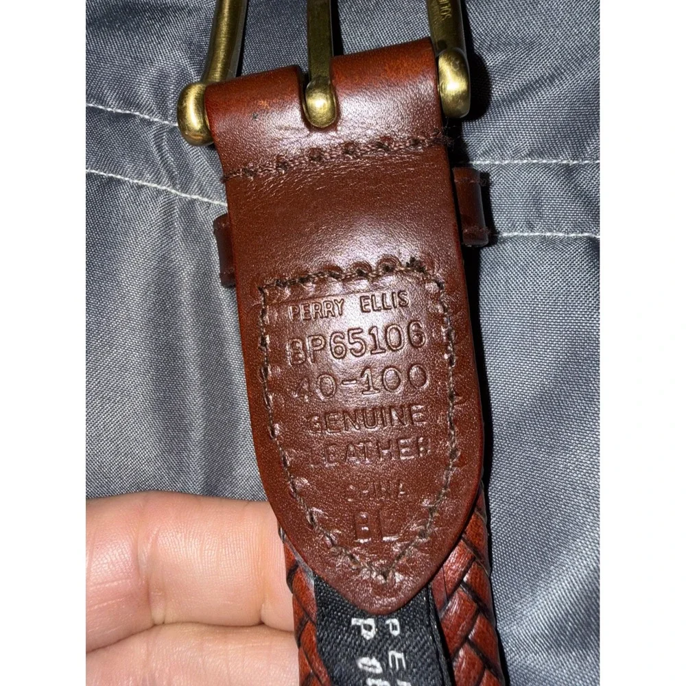 Perry Ellis Portfolio Mens Braided Leather Belt Brown Woven Brass Buckle BP65106